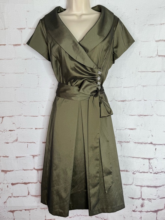 JULIAN TAYLOR Dresses & Skirts - JULIAN TAYLOR Taffeta Vintage Olive Green Rhinestone Button Sz 14 Cocktail Dress